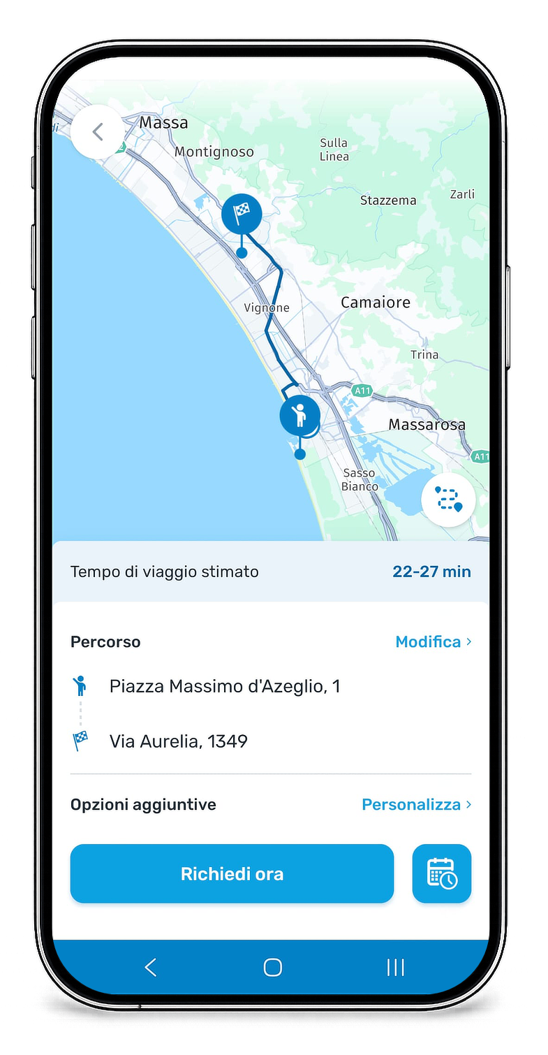 Schermata dell’app itTaxi con percorso e richiesta corsa